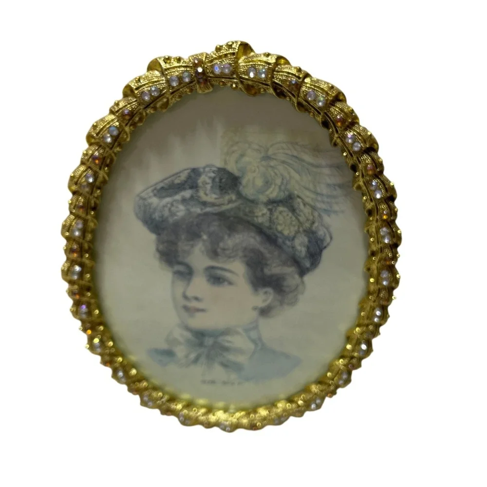 Vintage 19th Century Victorian Watercolor Portrait Young Girl Oval Jeweled Frame